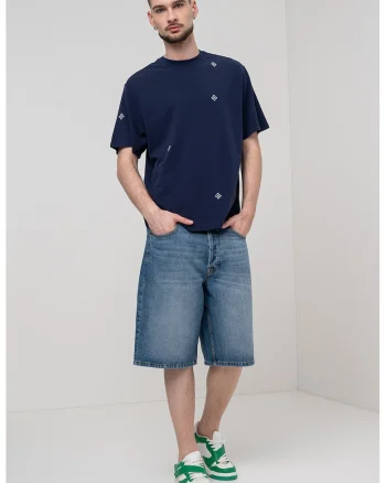 Tricou cu decolteu la baza gatului si imprimeu, Alb/Albastru inchis