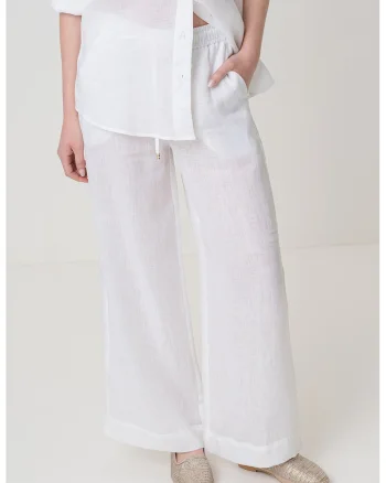 Pantaloni cu croiala ampla din in, Alb/Transparent