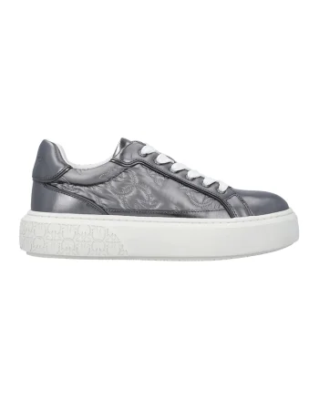 Pantofi sport de piele cu imprimeu, Alb optic/Argintiu