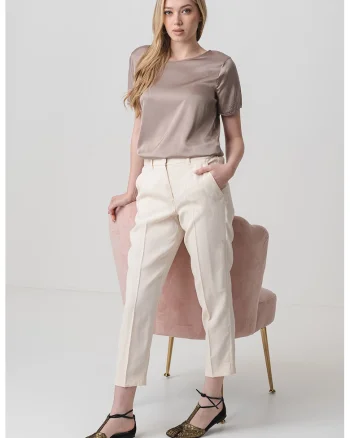 Pantaloni plisati din amestec de in, Crem