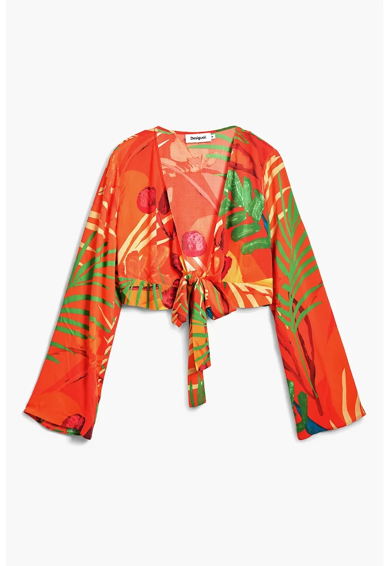 Bluza crop de plaja cu imprimeu tropical si design innodat, Rosu/Verde/Portocaliu mandarina
