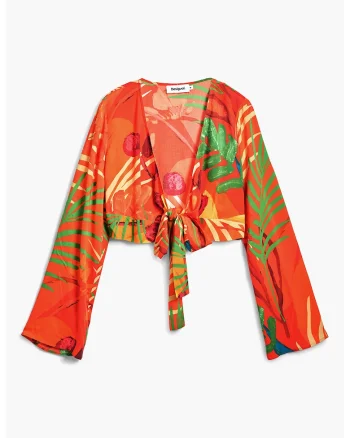 Bluza crop de plaja cu imprimeu tropical si design innodat, Rosu/Verde/Portocaliu mandarina