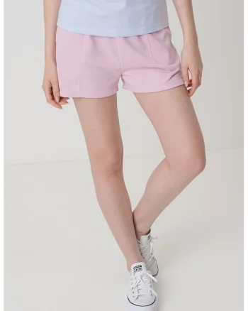 Pantaloni scurti cu banda elastica in talie si talie inalta, Roz pastel