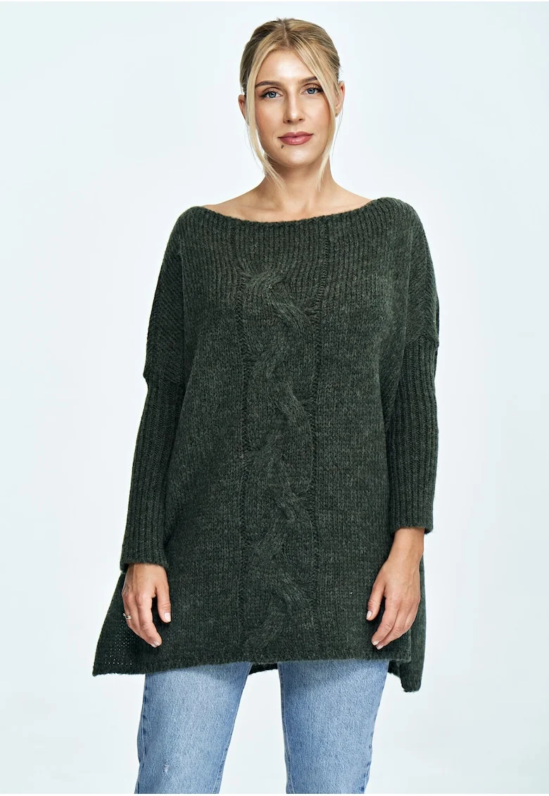 Pulover supradimensionat  decolteu larg, impletituri, verde, tricotaje cu lana,