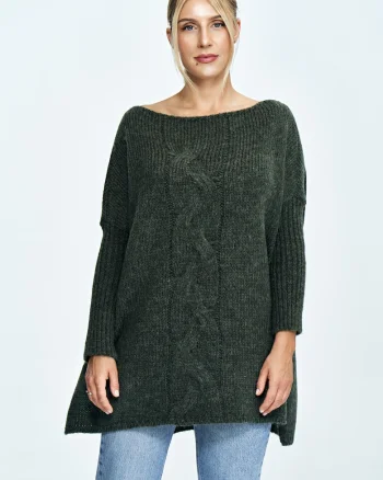 Pulover supradimensionat  decolteu larg, impletituri, verde, tricotaje cu lana,