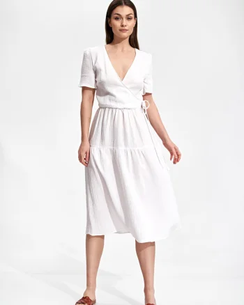 Rochie midi  bumbac 100%, alb, design minimalist, maneci scurte