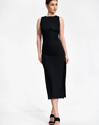 Rochie maxi  neagra, fara maneci, poliester, elastan