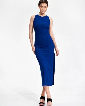 Rochie midi  albastra, fara maneci, poliester, design creion