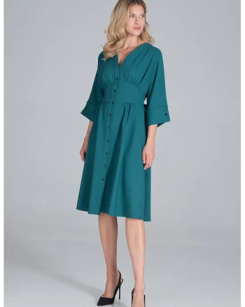 Rochie midi  verde, cu nasturi, maneci 3/4, poliester,