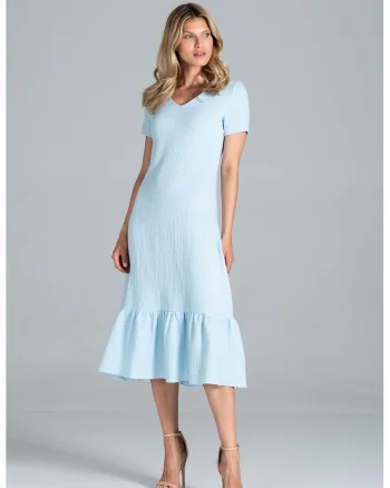 Rochie midi  albastru deschis, volane, maneci scurte, bumbac