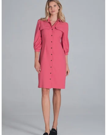 Rochie camasa  maneci bufante 3/4, culoare coral, poliester