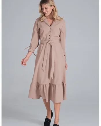 Rochie midi  bej cu curea, maneci lungi, poliester 100%,
