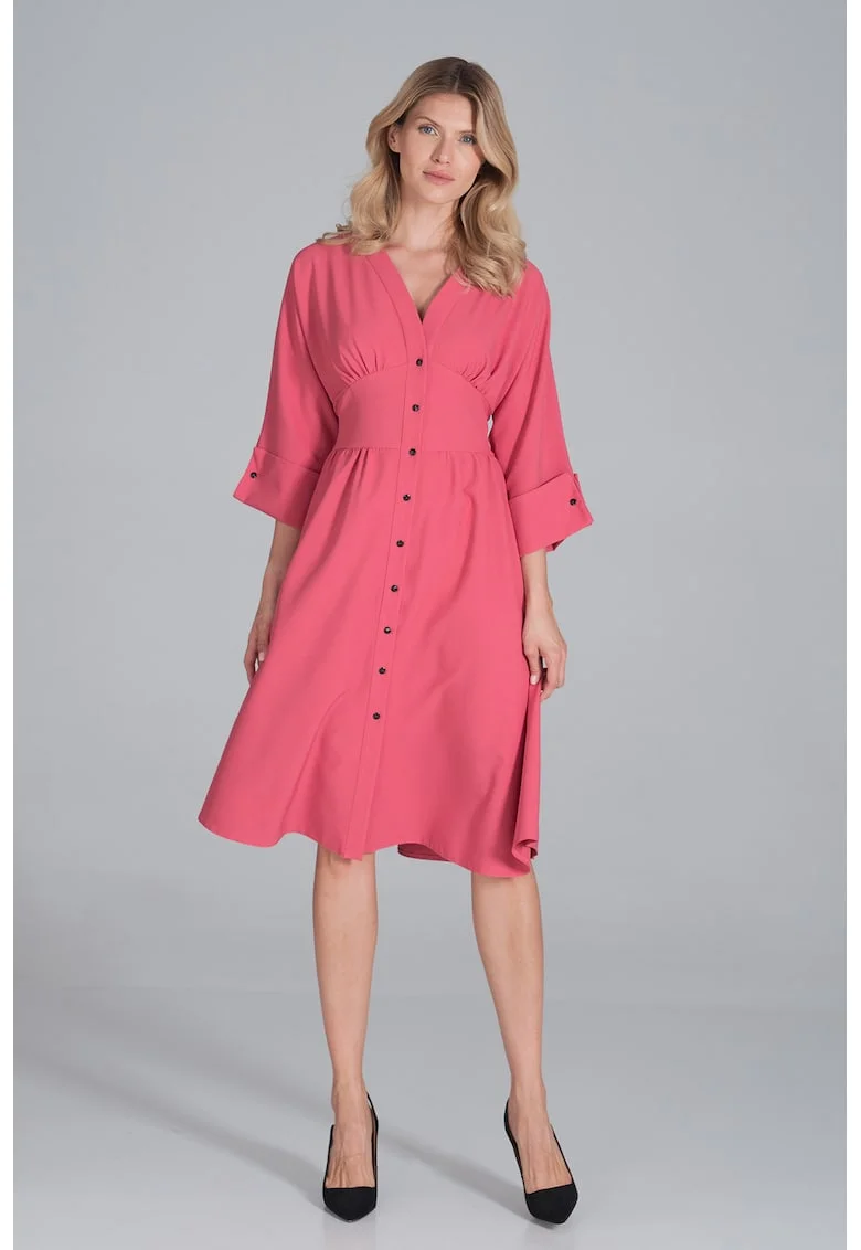Rochie midi  M843, roz, cu nasturi, maneci 3/4, poliester,