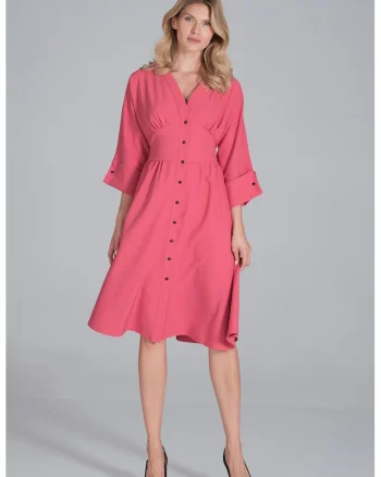 Rochie midi  M843, roz, cu nasturi, maneci 3/4, poliester,