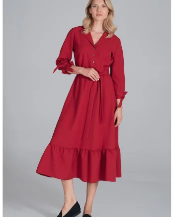 Rochie midi  rosie, poliester, cu curea, volane,