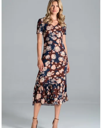 Rochie midi  colorata, cu model, maneci scurte, vara, viscoza