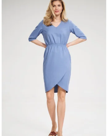 Rochie albastra  M702, maneci scurte, decolteu in V, poliester 100%