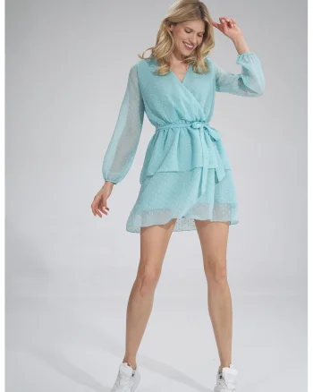 Rochie  model M767, sifon, poliester, maneci bufante, albastru