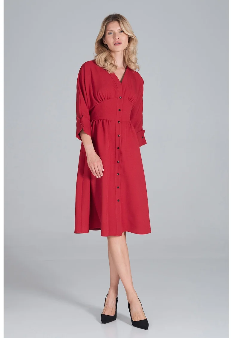 Rochie midi  M843, maneci 3/4, decolteu in forma de inima, burgundy, poliester