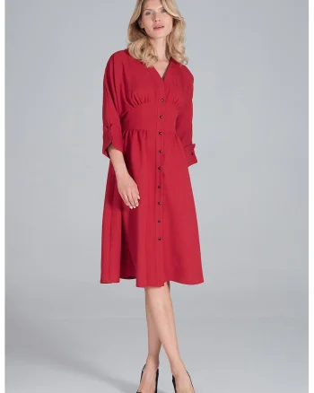 Rochie midi  M843, maneci 3/4, decolteu in forma de inima, burgundy, poliester