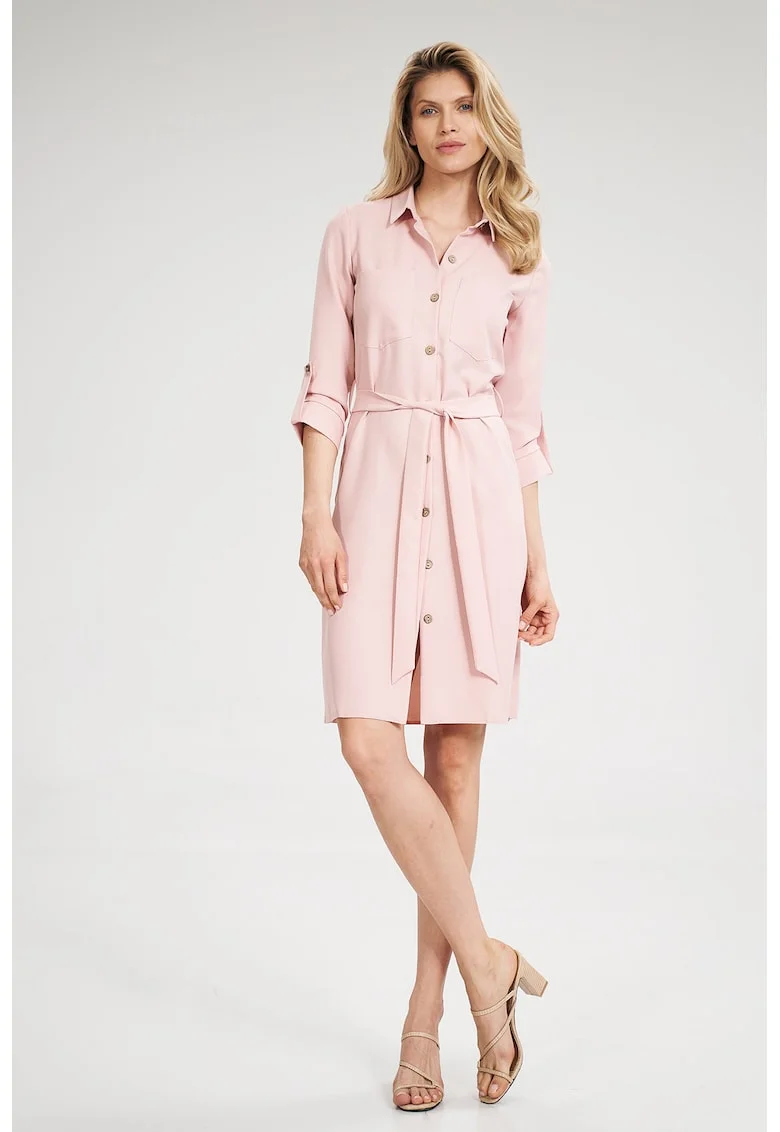 Rochie camasa,  roz, cu centura si buzunare, maneci 3/4, poliester