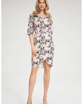 Rochie florala  M702, casual, cu maneci scurte, asimetrica, multicolor, poliester 100%