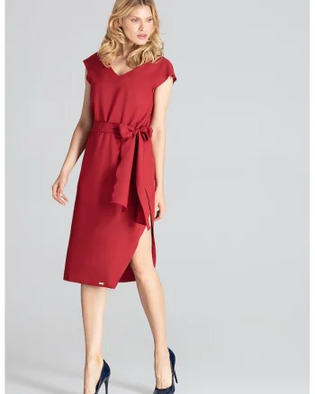 Rochie  eleganta, visiniu, cu fundita, poliester