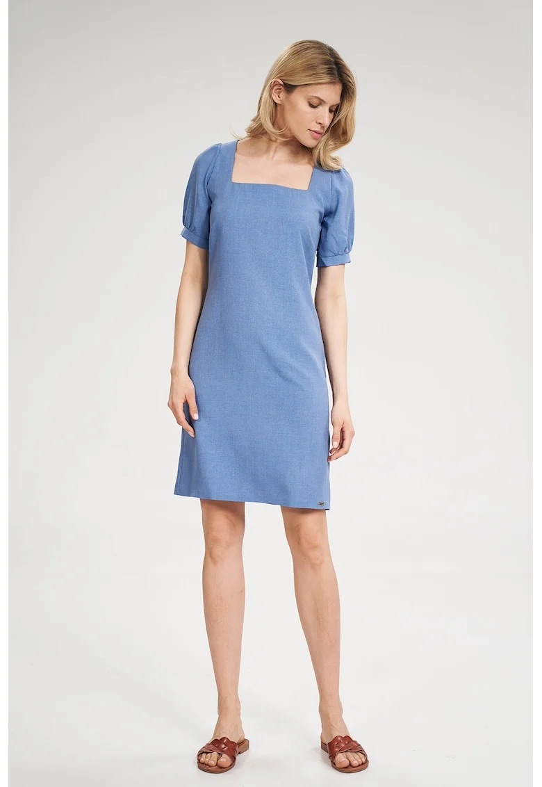 Rochie mini,  albastra, decolteu patrat, maneci scurte, poliester