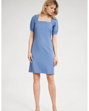 Rochie mini,  albastra, decolteu patrat, maneci scurte, poliester