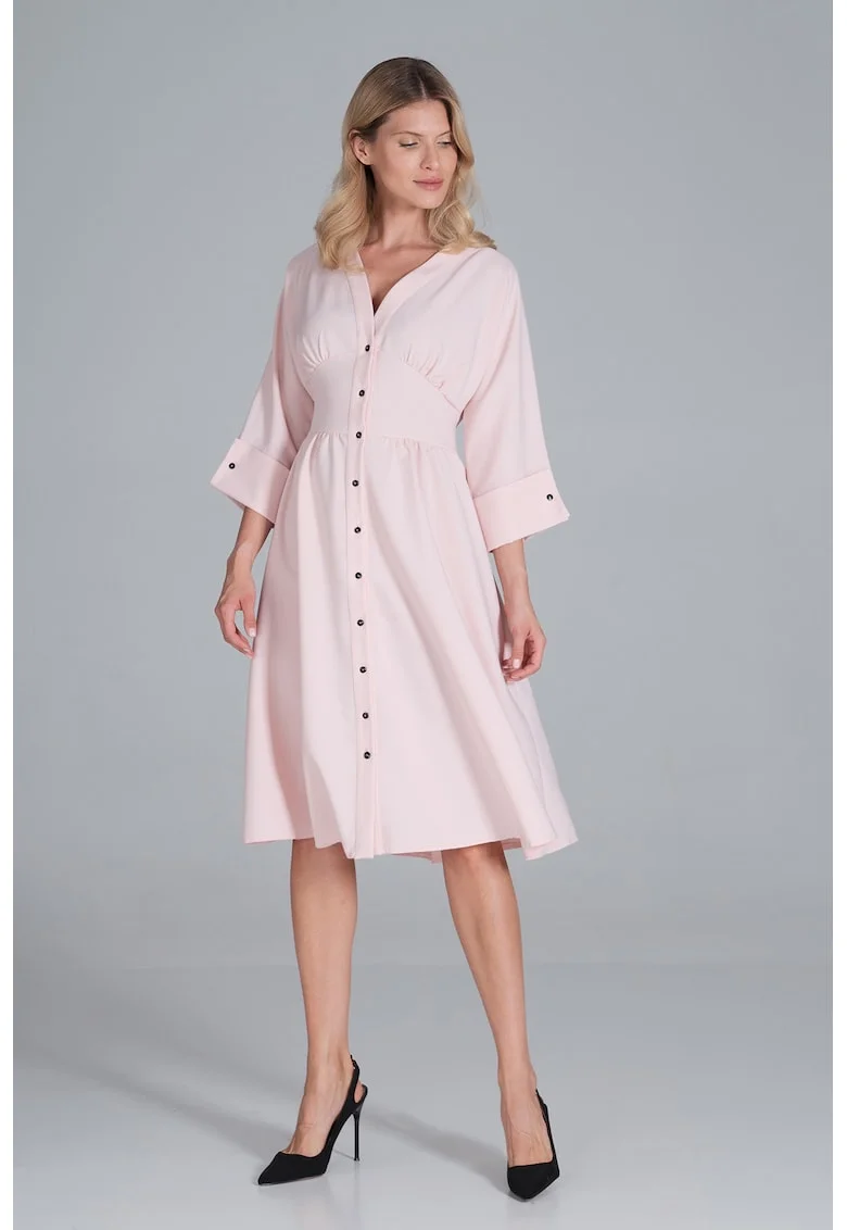 Rochie midi,  roz, maneci 3/4, pentru purtarea zilnica, poliester