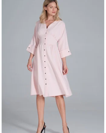Rochie midi,  roz, maneci 3/4, pentru purtarea zilnica, poliester
