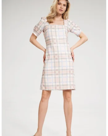 Rochie de vara  M704, ecru cu accente multicolore, poliester, decolteu patrat, maneci scurte