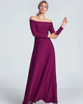 Rochie maxi  fuchsia, cu maneci lungi, decolteu mare, pliuri la piept, elastan 5%, poliester 95%