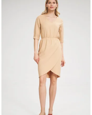 Rochie  bej, maneci scurte, poliester, Bej