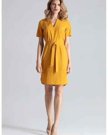 Rochie midi mustar  galben, maneci scurte, poliester,