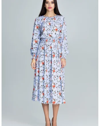 Rochie  M600, florala, albastru, midi, maneci lungi, poliester 95%, elastan 5%