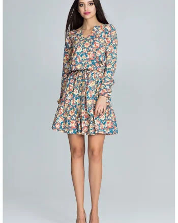 Rochie scurta florala  multicolor, cu maneci lungi, poliester si elastan