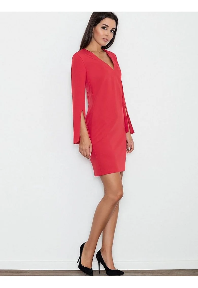 Rochie  eleganta, croiala dreapta, maneci cu fante, rosu, poliester-viscosa
