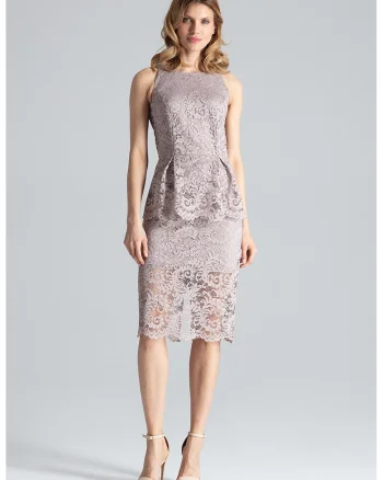 Rochie midi,  dantela, bej, poliester,