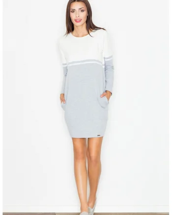 Rochie  M510, gri cu ecru, bumbac, cu buzunare, maneci lungi