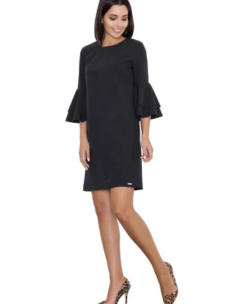 Rochie neagra  M564, cu volane, maneci 3/4, poliester/viscoza, negru