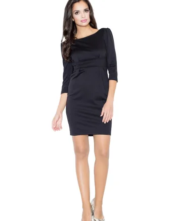 Rochie  M082, neagra, cu maneca 3/4, spate decupat, poliester/viscoza,