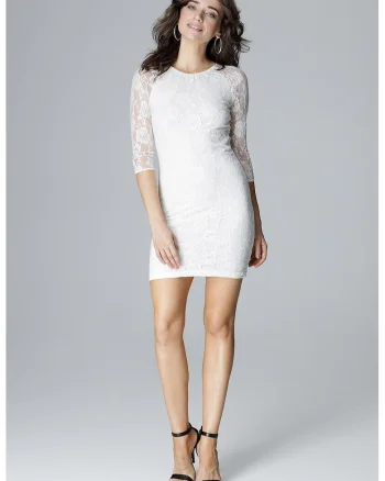 Rochie midi,  dantela, creion, ecru, poliester 95%, elastan 5%