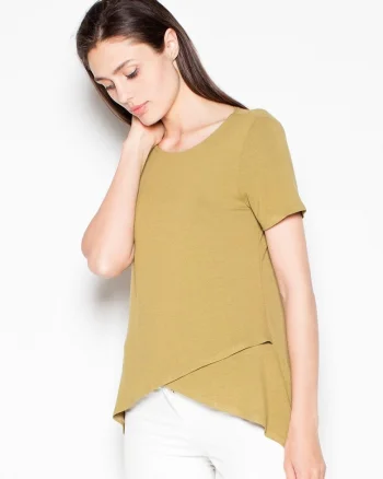 Bluza dama  asimetrica, fata pliata, verde, viscoza