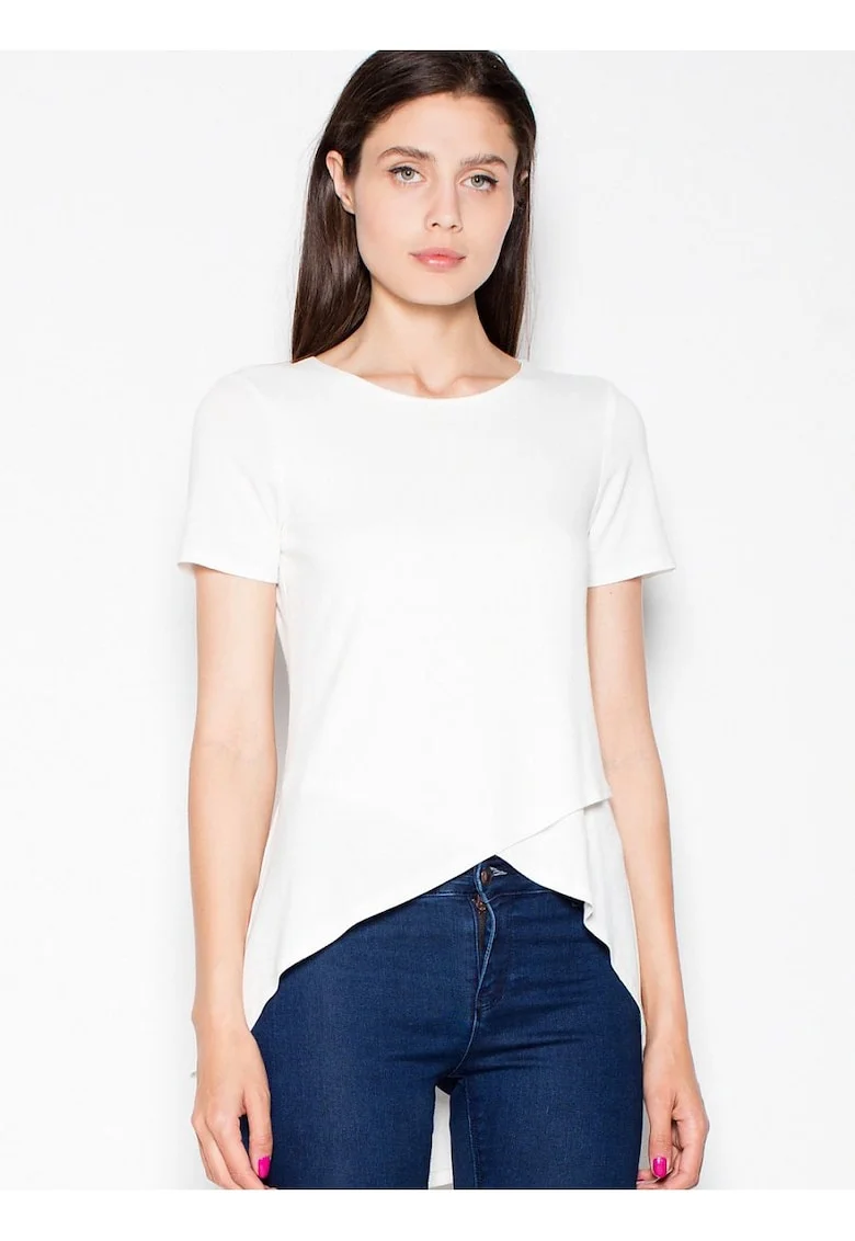 Bluza dama  asimetrica, fata pliata, spate mai lung, bej, viscoza,