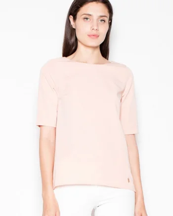 Tricou dama  asimetric, decupaj spate, roz, poliester-viscosa,