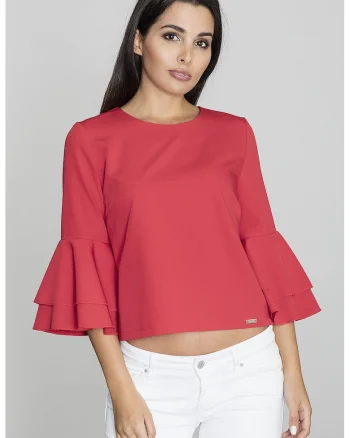 Bluza dama,  Cu volane, Poliester/Viscoza, Rosu