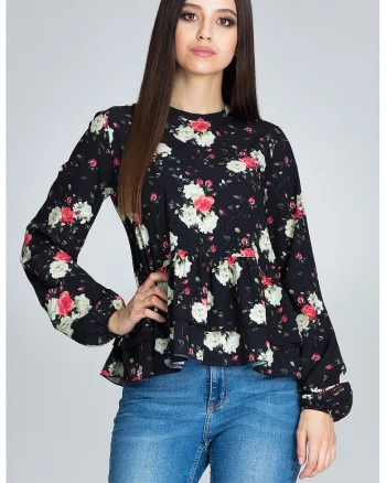 Bluza dama,  Cu flori, Poliester/Elastan, Cu volane, Multicolor