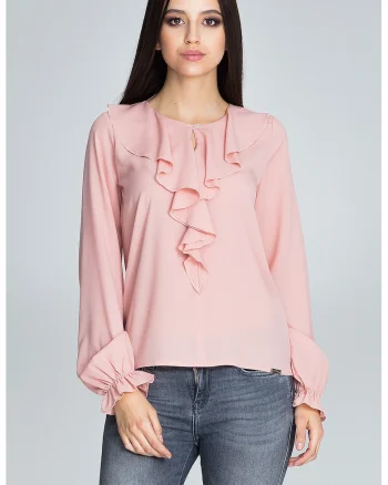 Bluza dama,  Cu volane, Poliester/Elastan/Viscoza, Roz,
