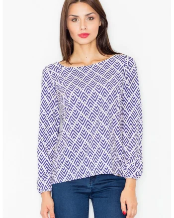 Bluza dama,  Poliester/Elastan, Model geometric, Alb/Albastru,